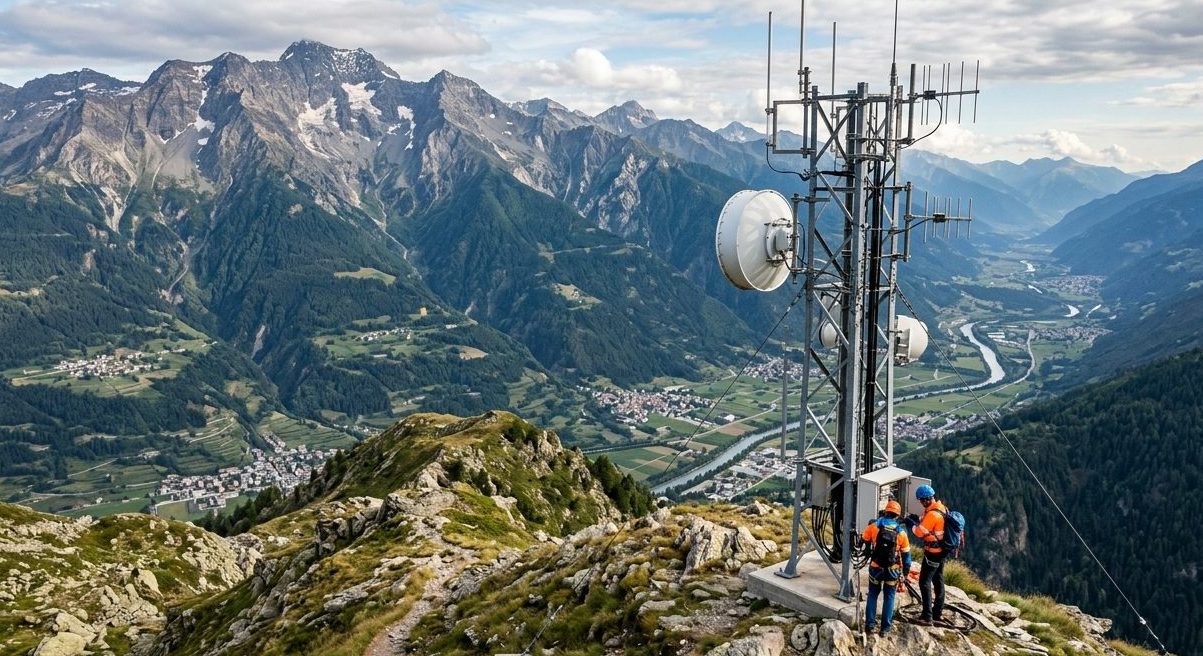 Tecnici specializzati RF COM che effettuano la manutenzione su una torre di trasmissione FWA e ponti radio in cima a una montagna, con vista panoramica sulla vallata sottostante.